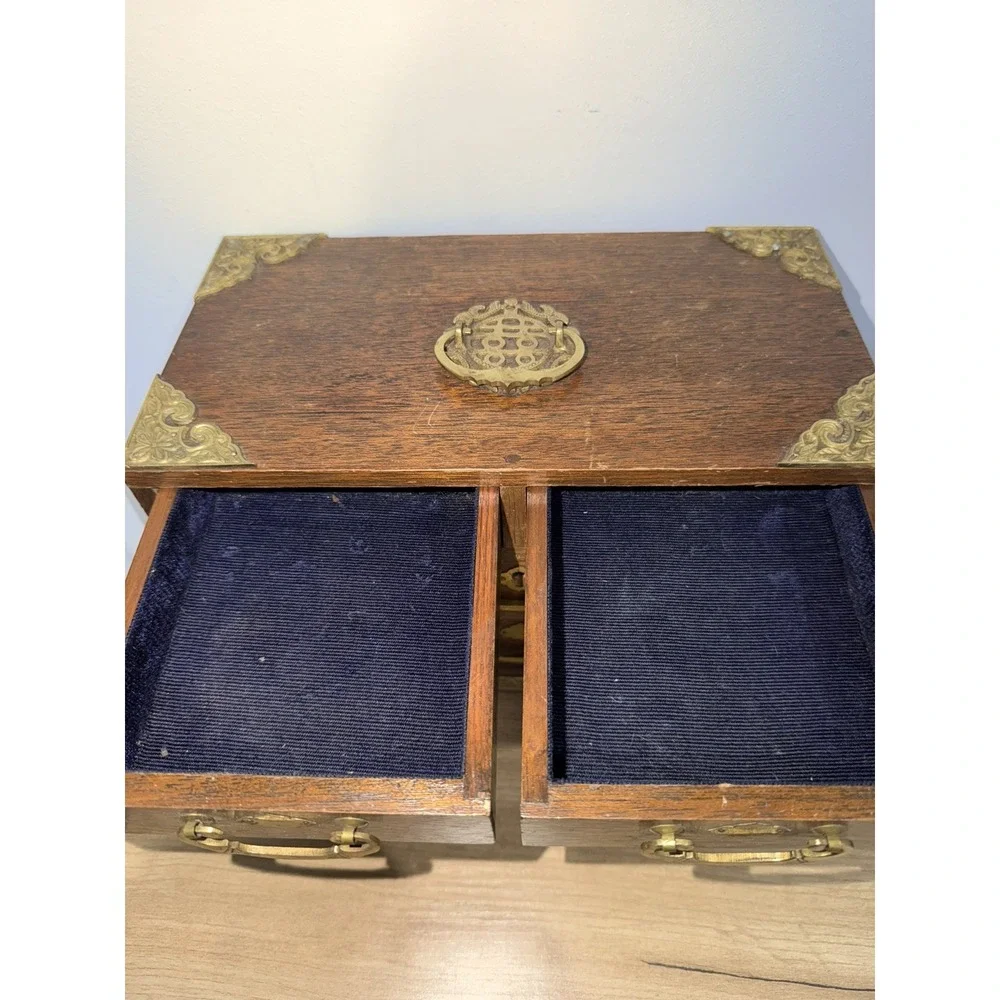 Vintage Brass Japan Tone Ornate Handles & Wood Jewelry Box Case Drawers